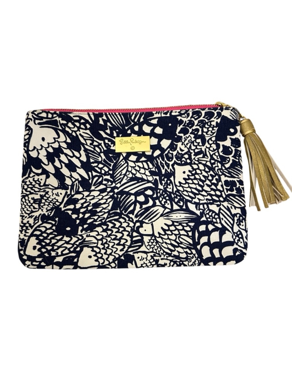 Lilly Pulitzer Navy and White Fish-Print Cosmetic Pouch with Gold Tassel